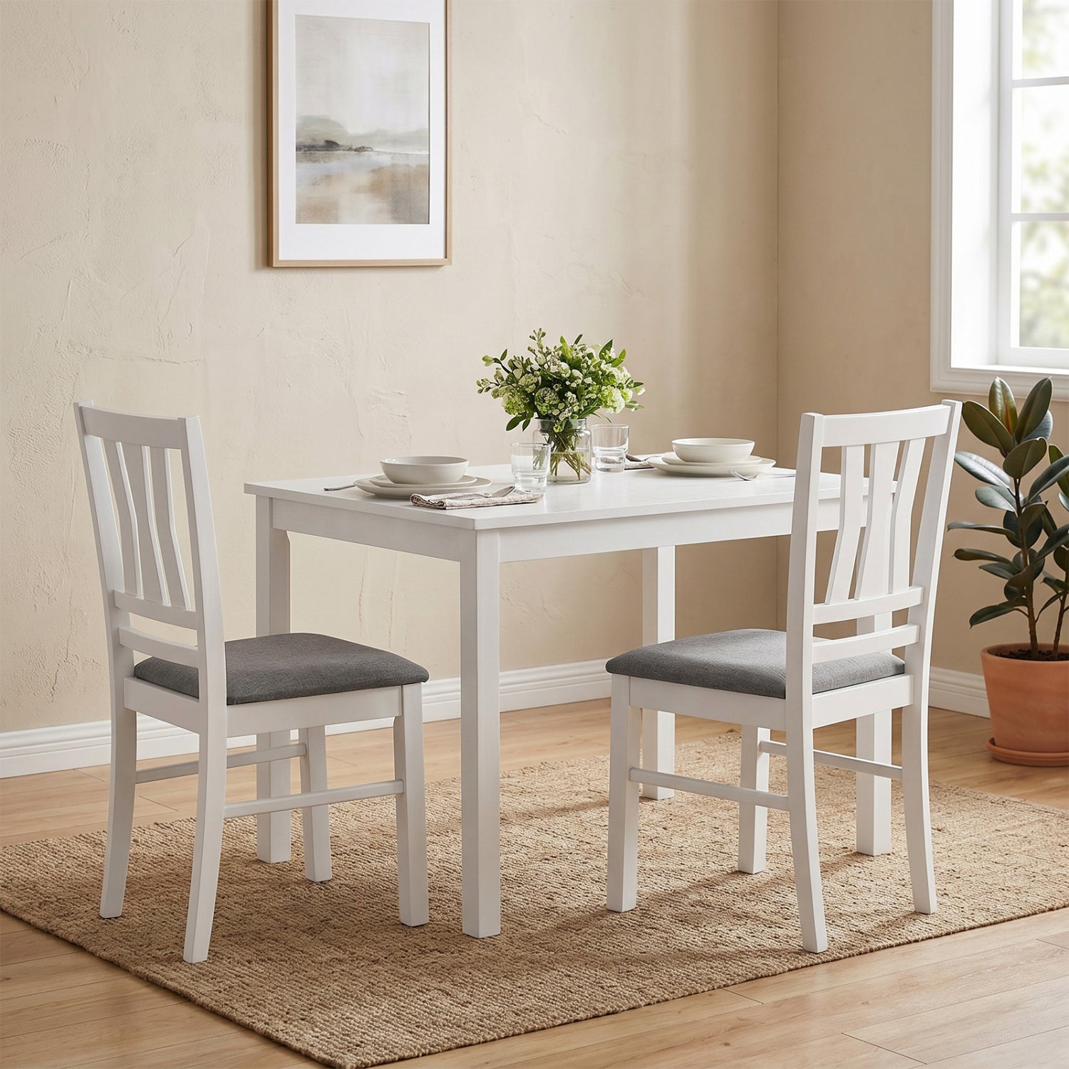 Set of 2 Linen Style Upholstered Kitchen Chairs with Wood Frames, White Dining Chairs at Gallery Canada