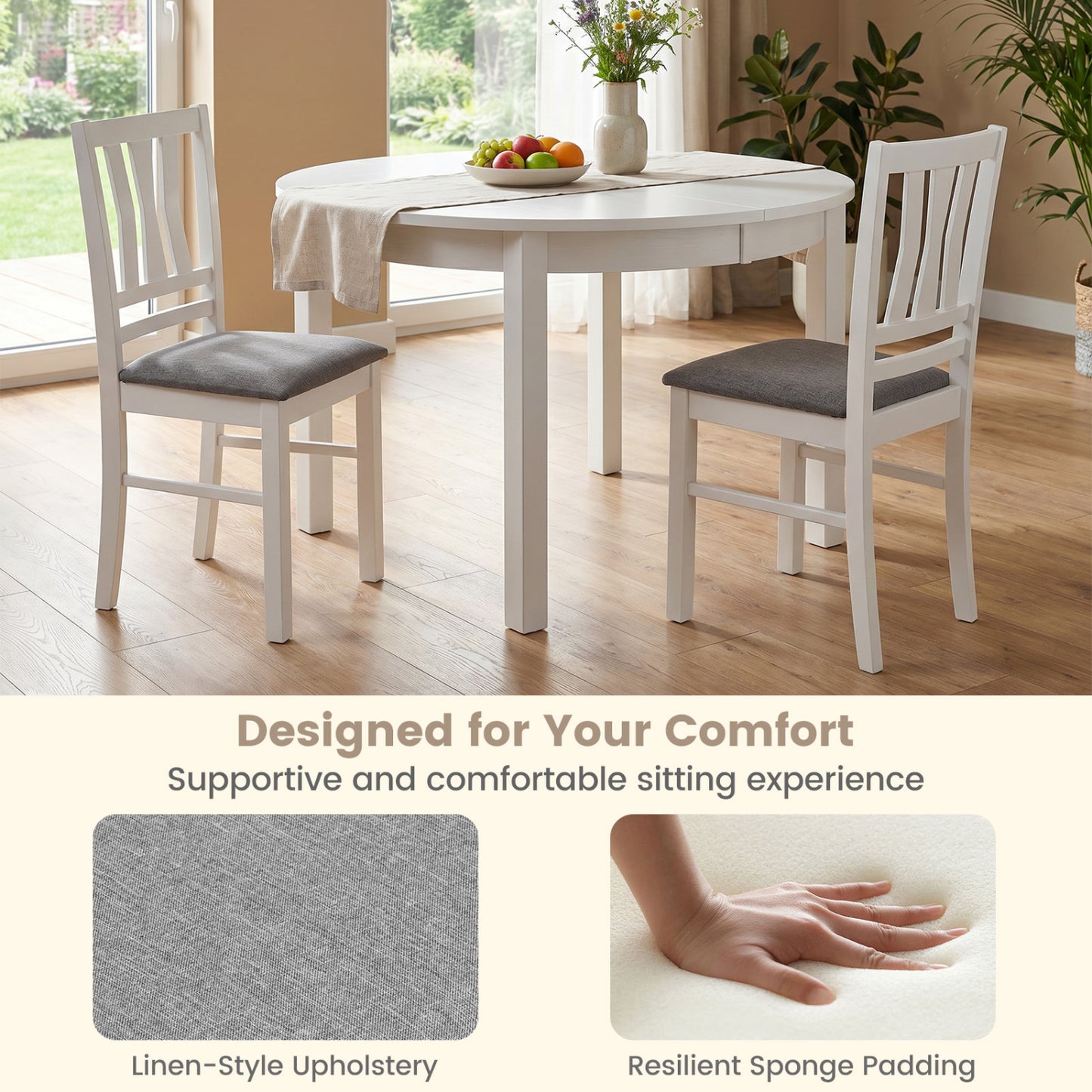 Set of 2 Linen Style Upholstered Kitchen Chairs with Wood Frames, White Dining Chairs at Gallery Canada