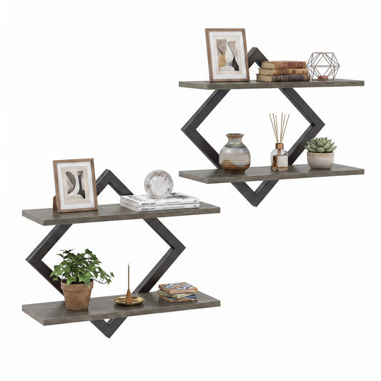 Set of 2 Metal Floating Shelves, Geometric Frame, Oak, Gray Bookcases Gray Oak at Gallery Canada