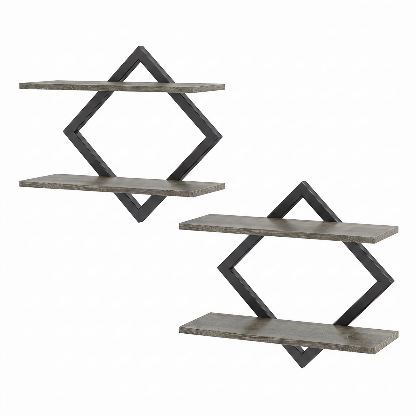 Ensemble de 2 étagères flottantes en métal, cadre géométrique, chêne, gris