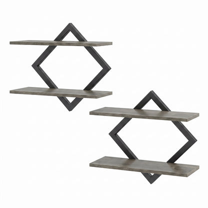 Ensemble de 2 étagères flottantes en métal, cadre géométrique, chêne, gris