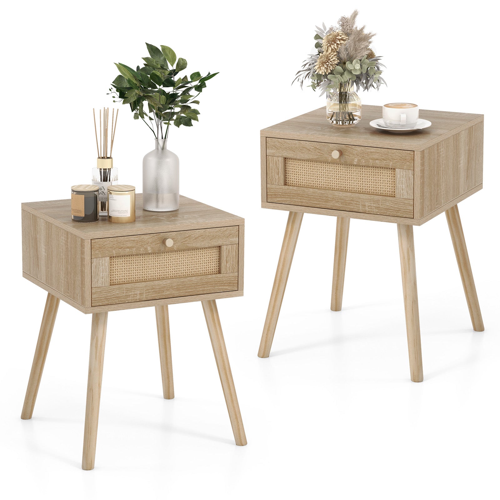 Set of 2 Modern Rattan Nightstand with Drawer and Solid Wood Legs for Bedroom and Living Room, Natural Nightstands at Gallery Canada
