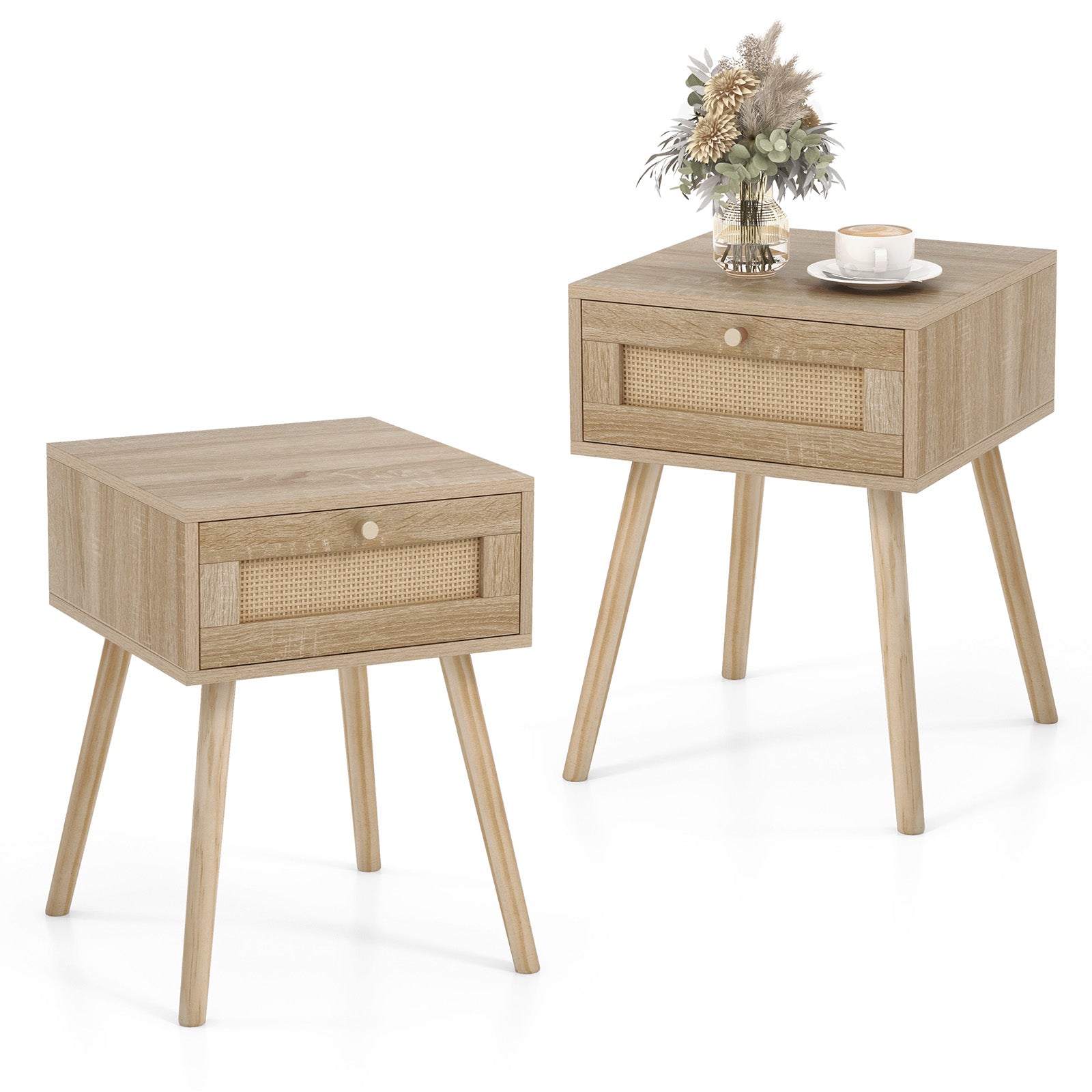 Set of 2 Modern Rattan Nightstand with Drawer and Solid Wood Legs for Bedroom and Living Room, Natural Nightstands at Gallery Canada