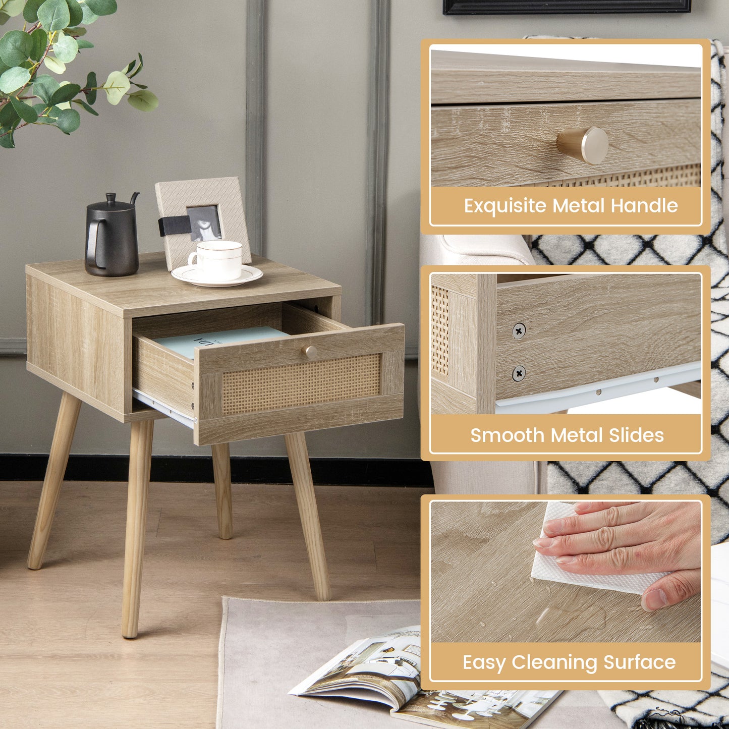 Set of 2 Modern Rattan Nightstand with Drawer and Solid Wood Legs for Bedroom and Living Room, Natural Nightstands at Gallery Canada