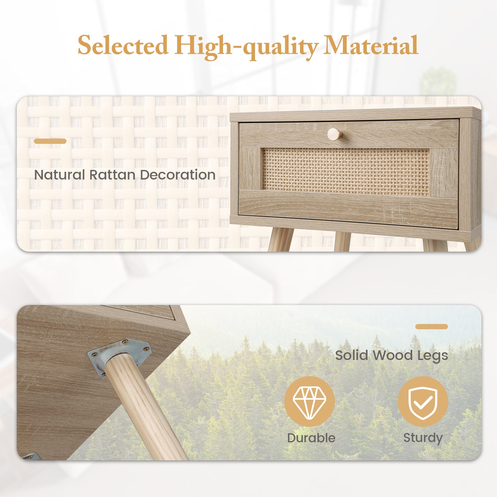 Set of 2 Modern Rattan Nightstand with Drawer and Solid Wood Legs for Bedroom and Living Room, Natural Nightstands at Gallery Canada