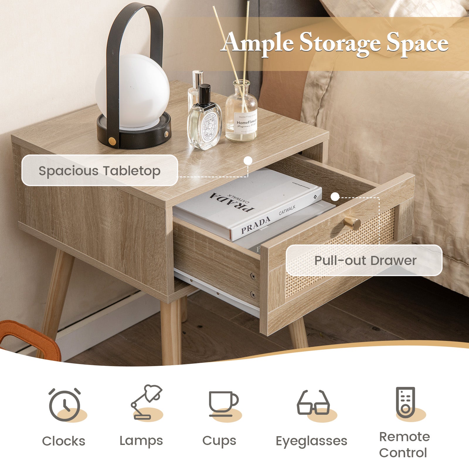 Set of 2 Modern Rattan Nightstand with Drawer and Solid Wood Legs for Bedroom and Living Room, Natural Nightstands at Gallery Canada