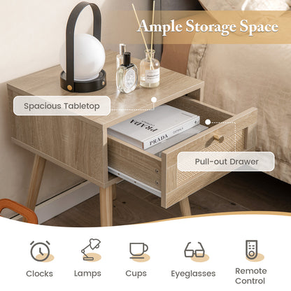 Set of 2 Modern Rattan Nightstand with Drawer and Solid Wood Legs for Bedroom and Living Room, Natural Nightstands at Gallery Canada