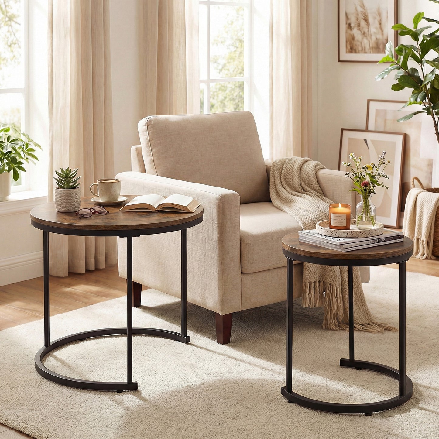 Modern Round Stacking Nesting Coffee Tables, Rustic Brown Coffee Tables at Gallery Canada