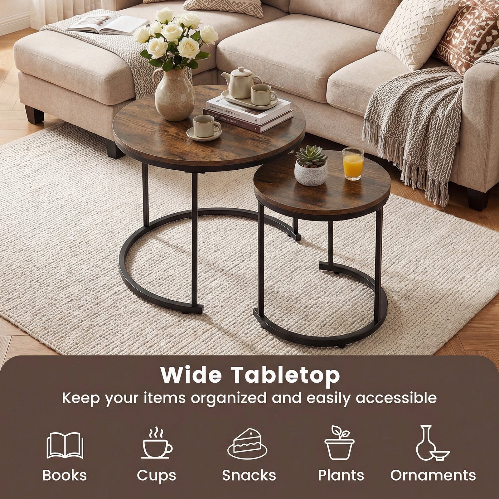 Modern Round Stacking Nesting Coffee Tables, Rustic Brown Coffee Tables at Gallery Canada