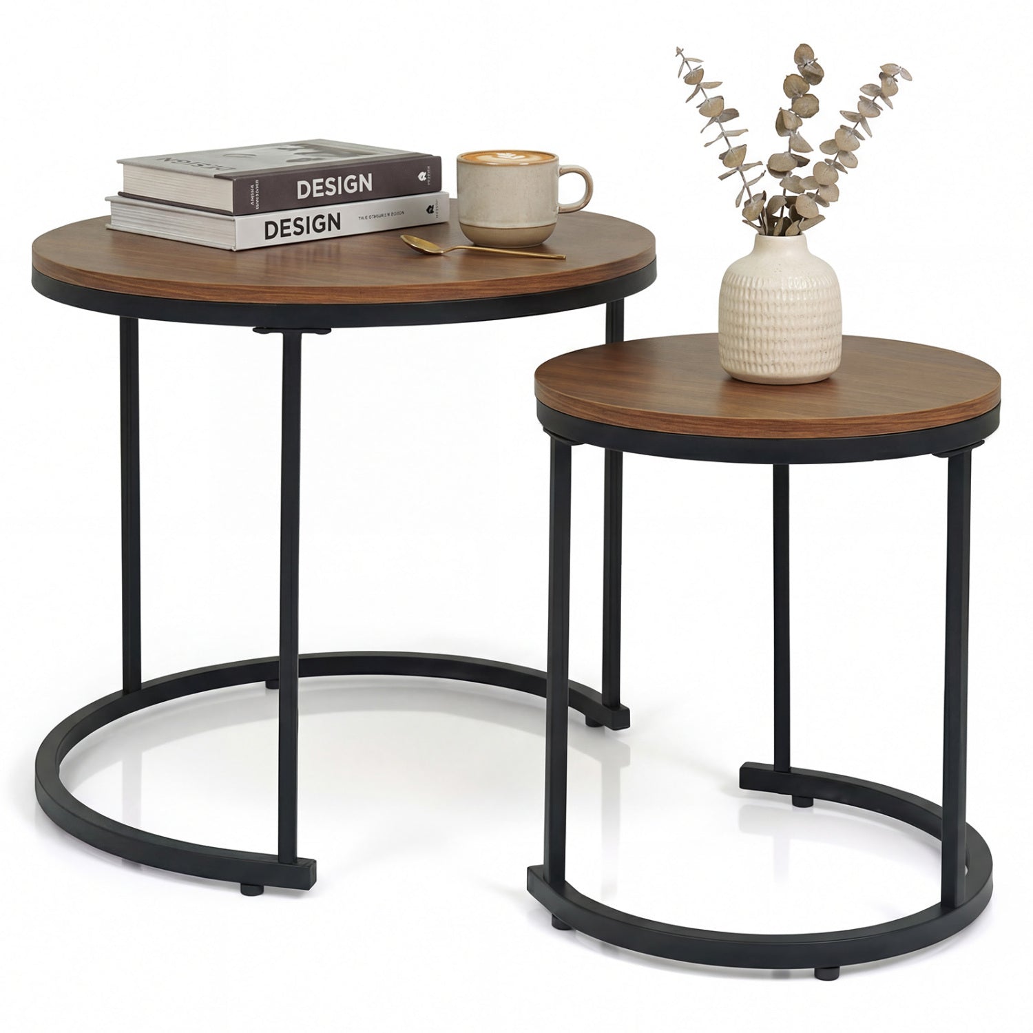 Set Of 2 Modern Round Stacking Nesting Coffee Tables, Brown Coffee Tables at Gallery Canada