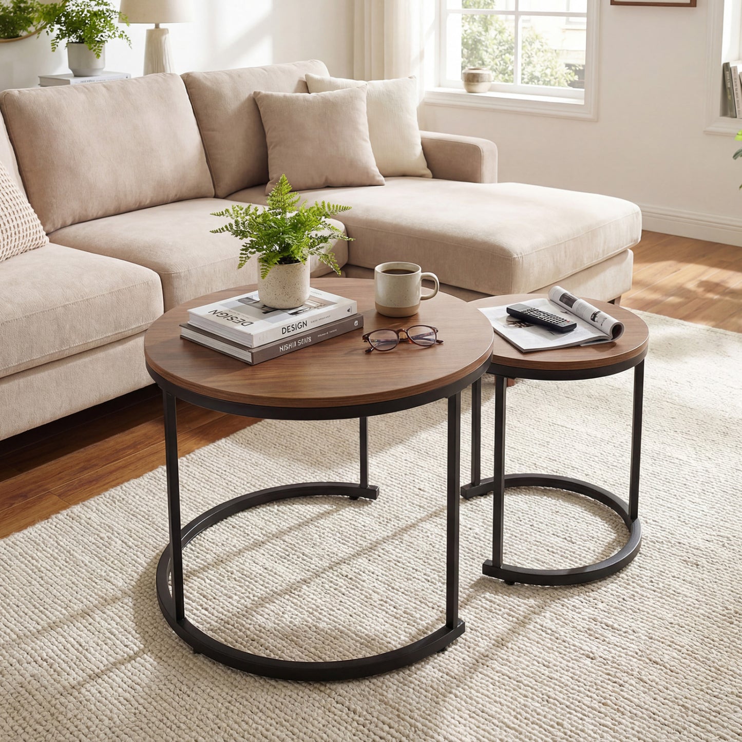 Set Of 2 Modern Round Stacking Nesting Coffee Tables, Brown Coffee Tables at Gallery Canada