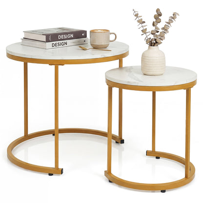 Ensemble de 2 tables basses rondes modernes empilables et gigognes, dorées