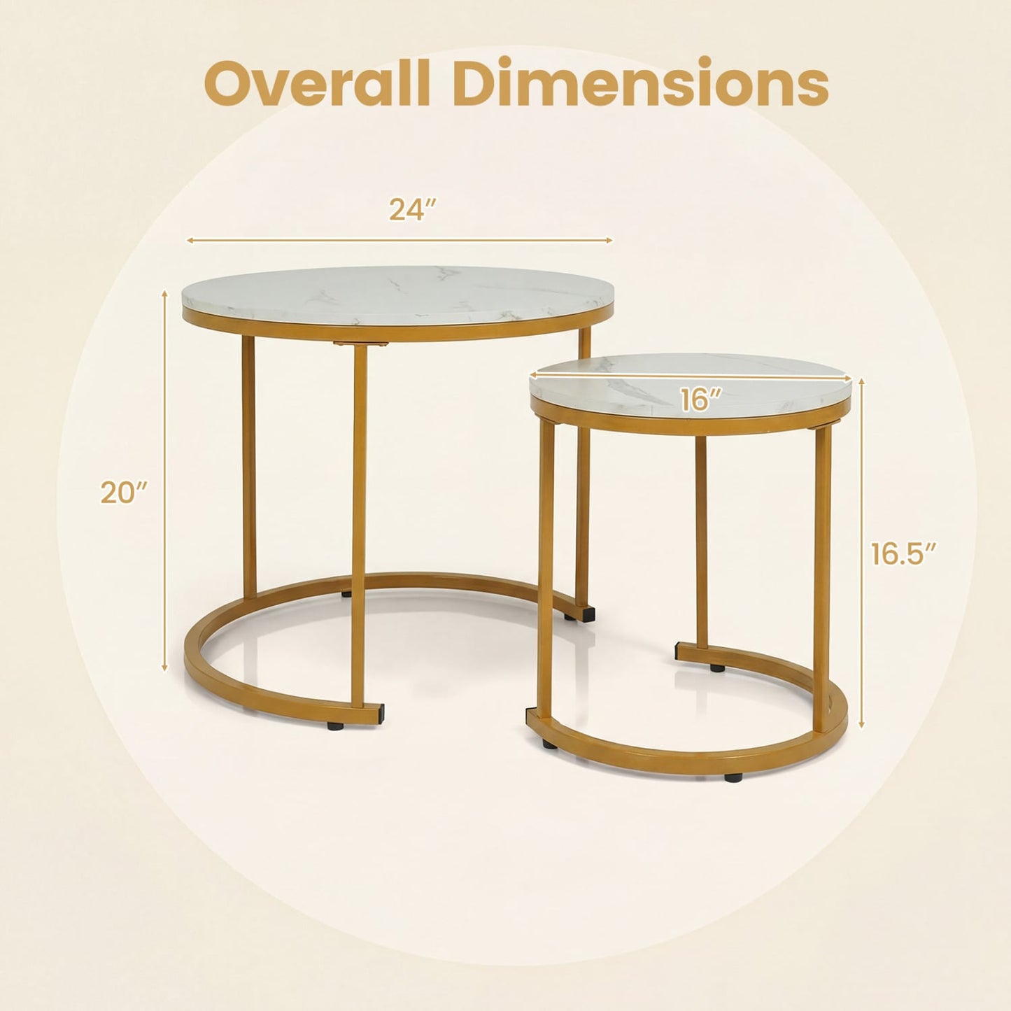 Ensemble de 2 tables basses rondes modernes empilables et gigognes, dorées