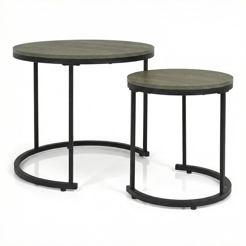 Modern Round Stacking Nesting Coffee Tables, Set of 2, Oak