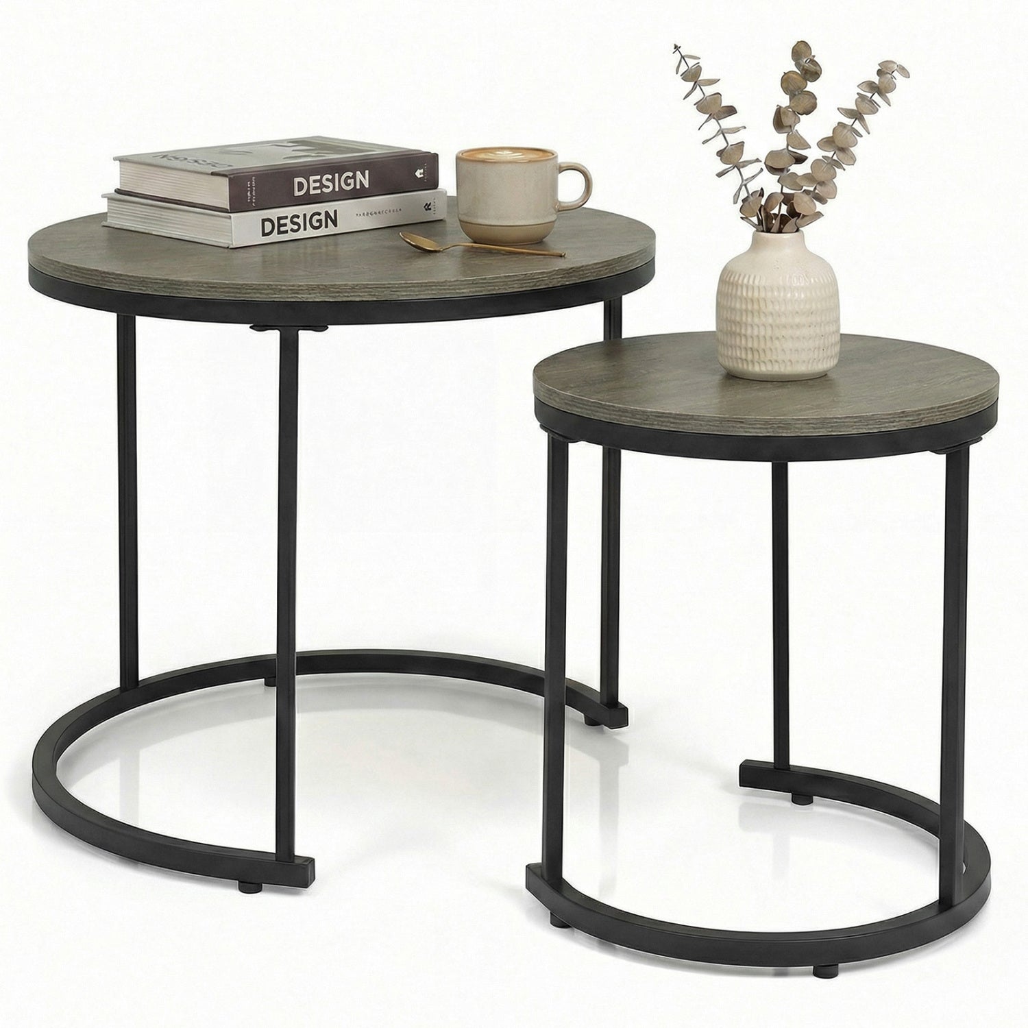 Modern Round Stacking Nesting Coffee Tables, Set of 2, Oak Coffee Tables at Gallery Canada