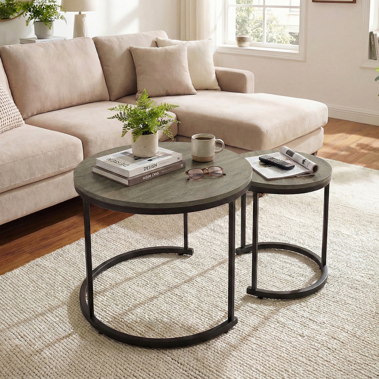 Modern Round Stacking Nesting Coffee Tables, Set of 2, Oak Coffee Tables at Gallery Canada