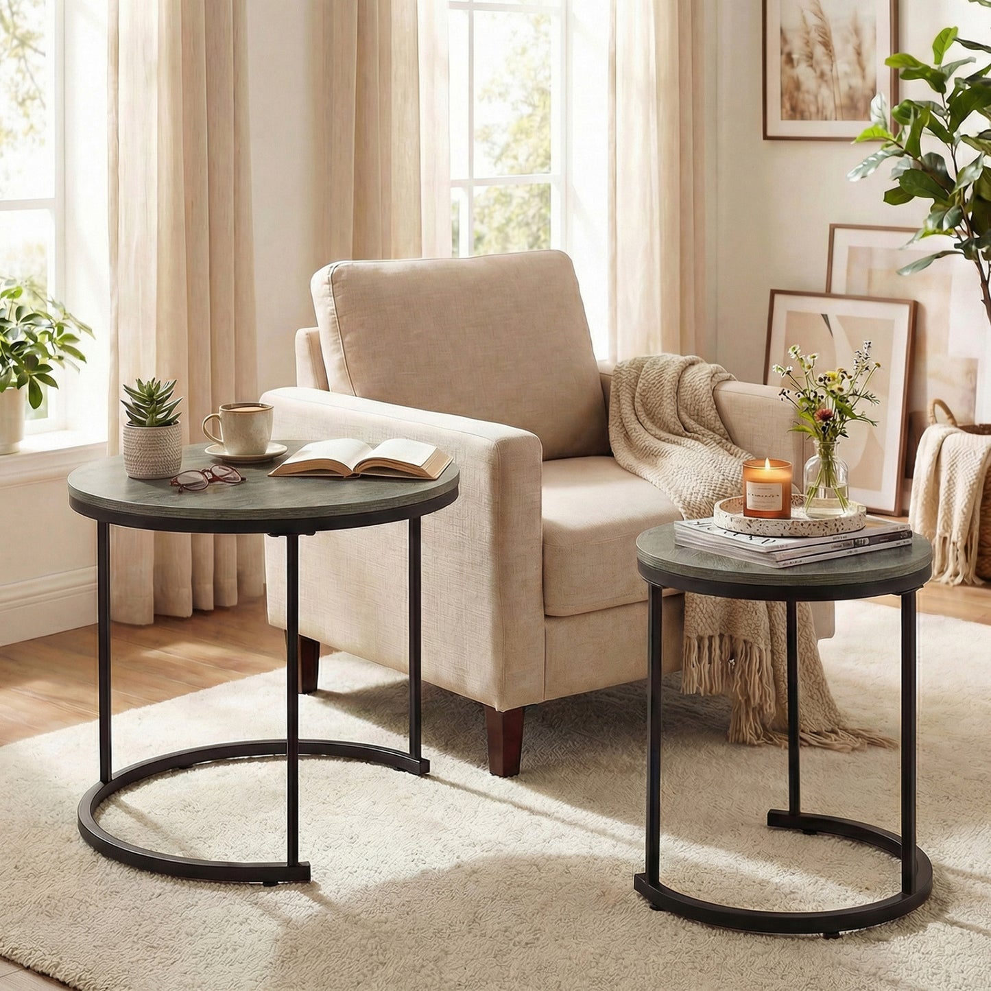 Modern Round Stacking Nesting Coffee Tables, Set of 2, Oak Coffee Tables at Gallery Canada