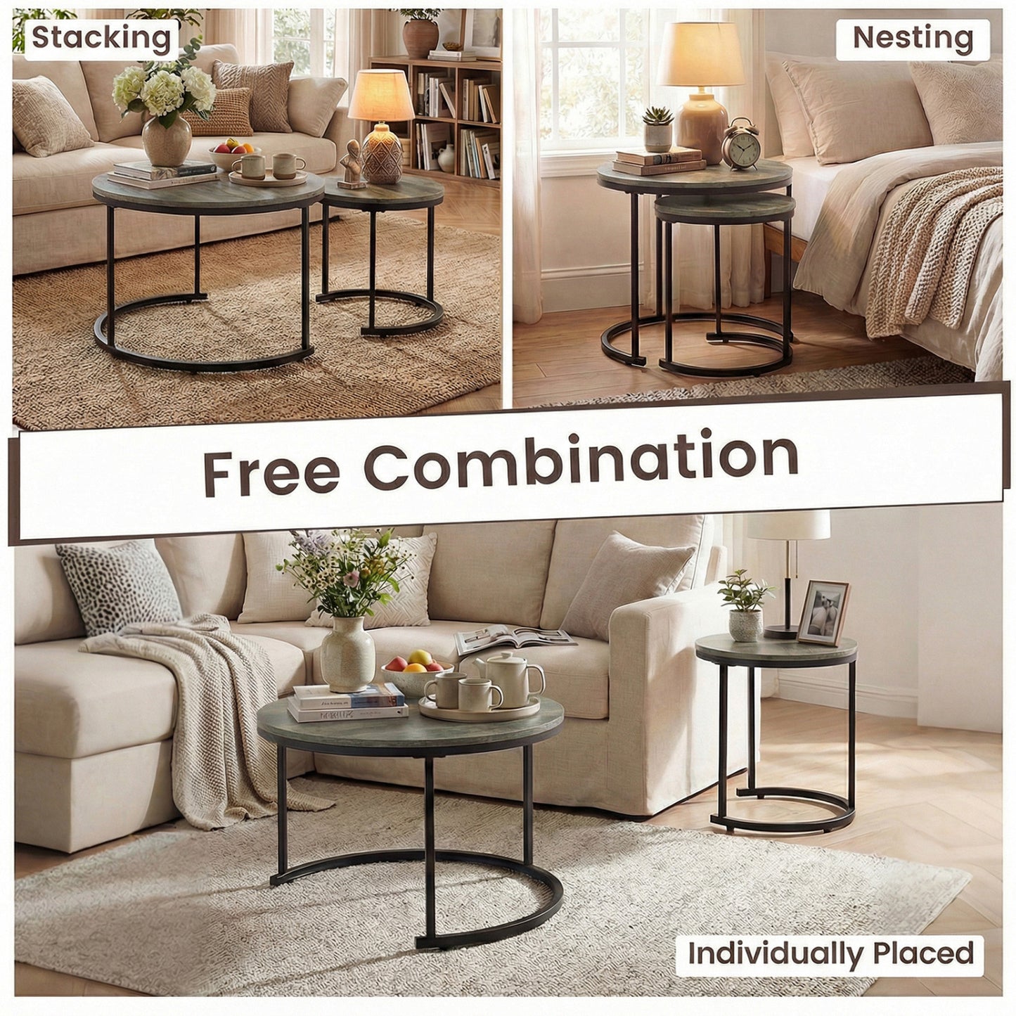 Modern Round Stacking Nesting Coffee Tables, Set of 2, Oak Coffee Tables at Gallery Canada