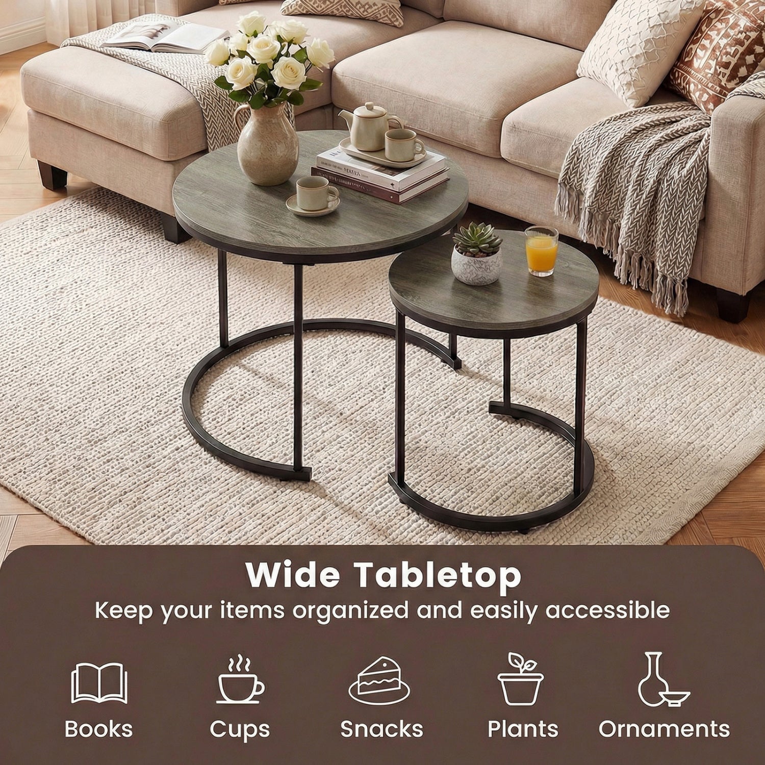 Modern Round Stacking Nesting Coffee Tables, Set of 2, Oak Coffee Tables at Gallery Canada