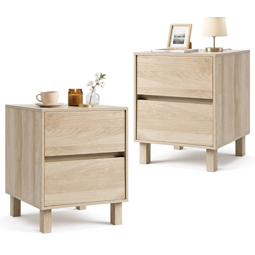 Set of 2 Modern Wooden End Table with 2 Storage Drawers, Natural