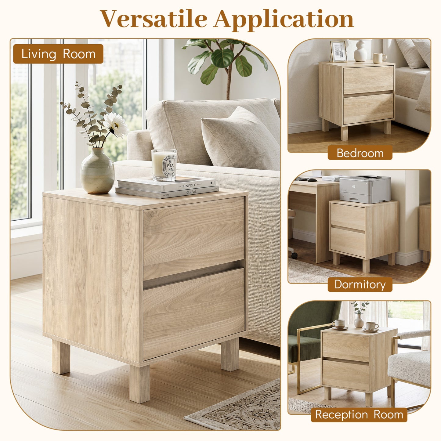 Set of 2 Modern Wooden End Table with 2 Storage Drawers, Natural End & Side Tables at Gallery Canada