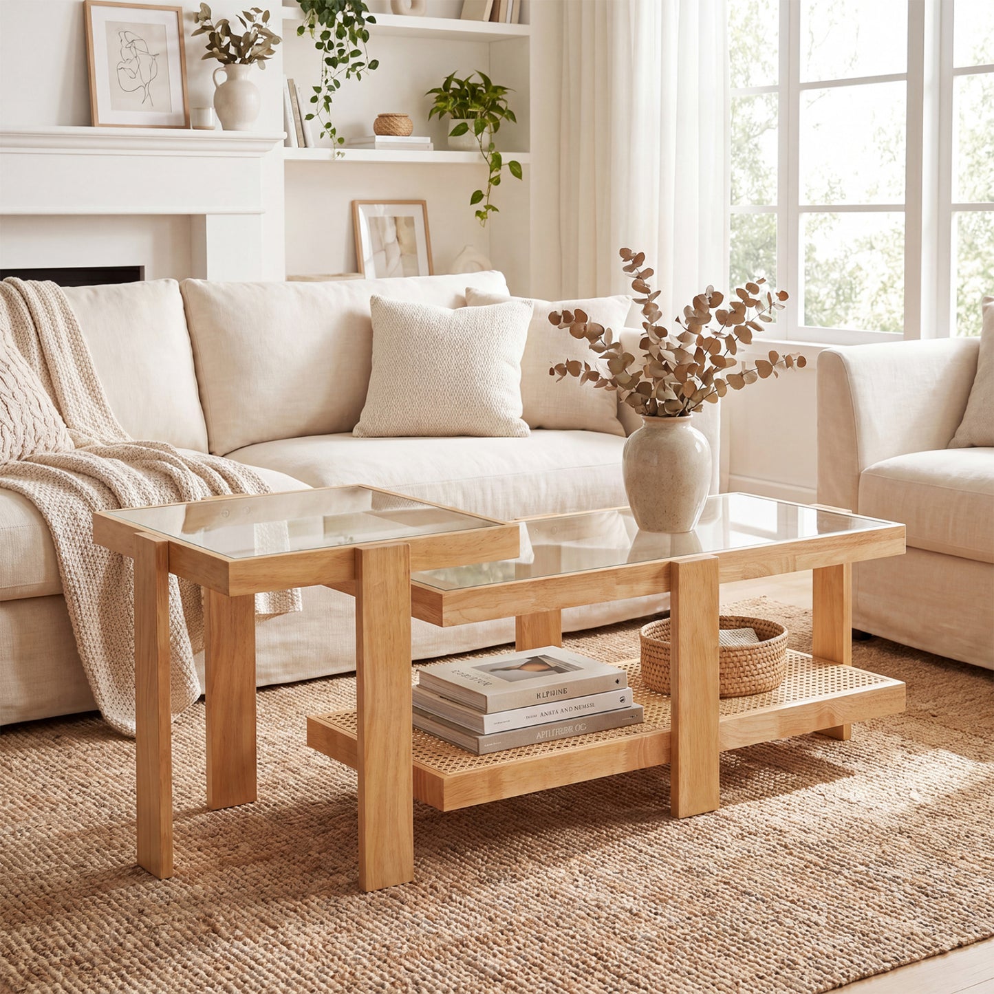 Set of 2 Nesting Coffee Table with Boho Rattan Accent Table, Natural Coffee Tables at Gallery Canada