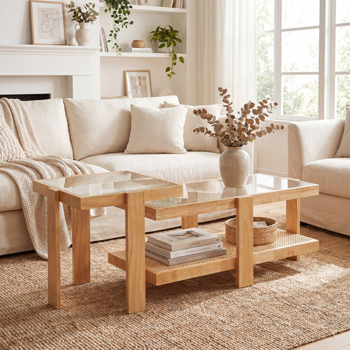 Set of 2 Nesting Coffee Table with Boho Rattan Accent Table, Natural