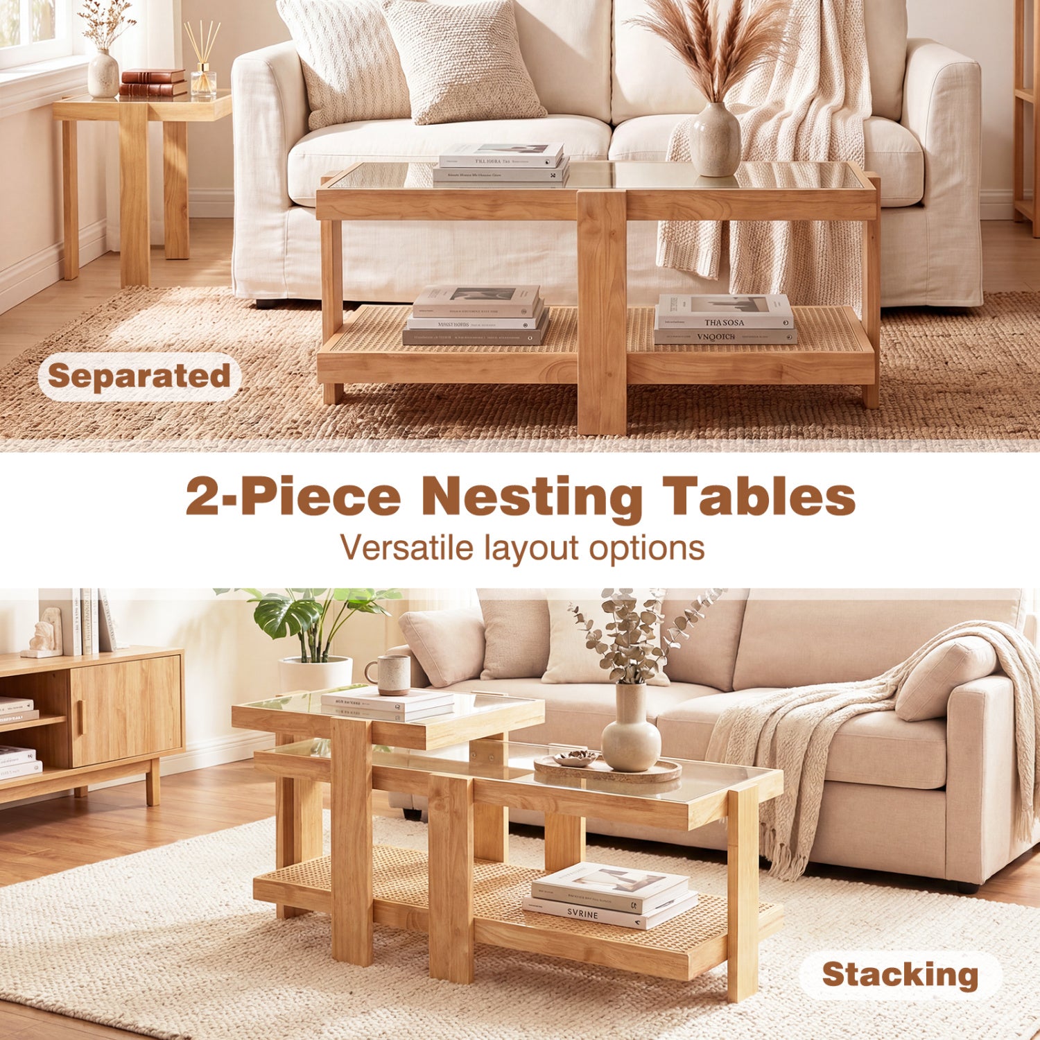 Set of 2 Nesting Coffee Table with Boho Rattan Accent Table, Natural Coffee Tables at Gallery Canada