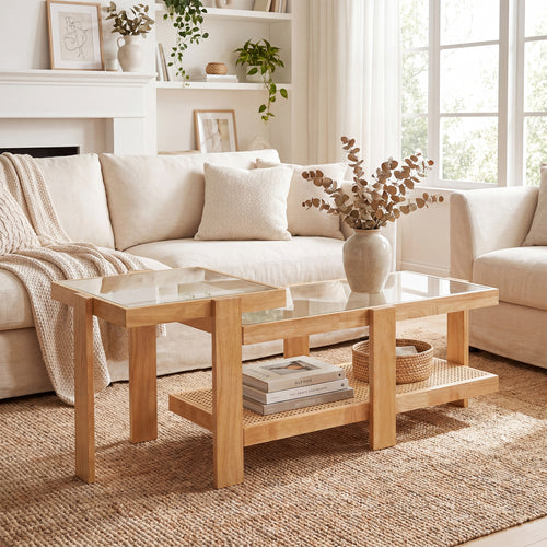 Set of 2 Nesting Coffee Table with Boho Rattan Accent Table, Natural
