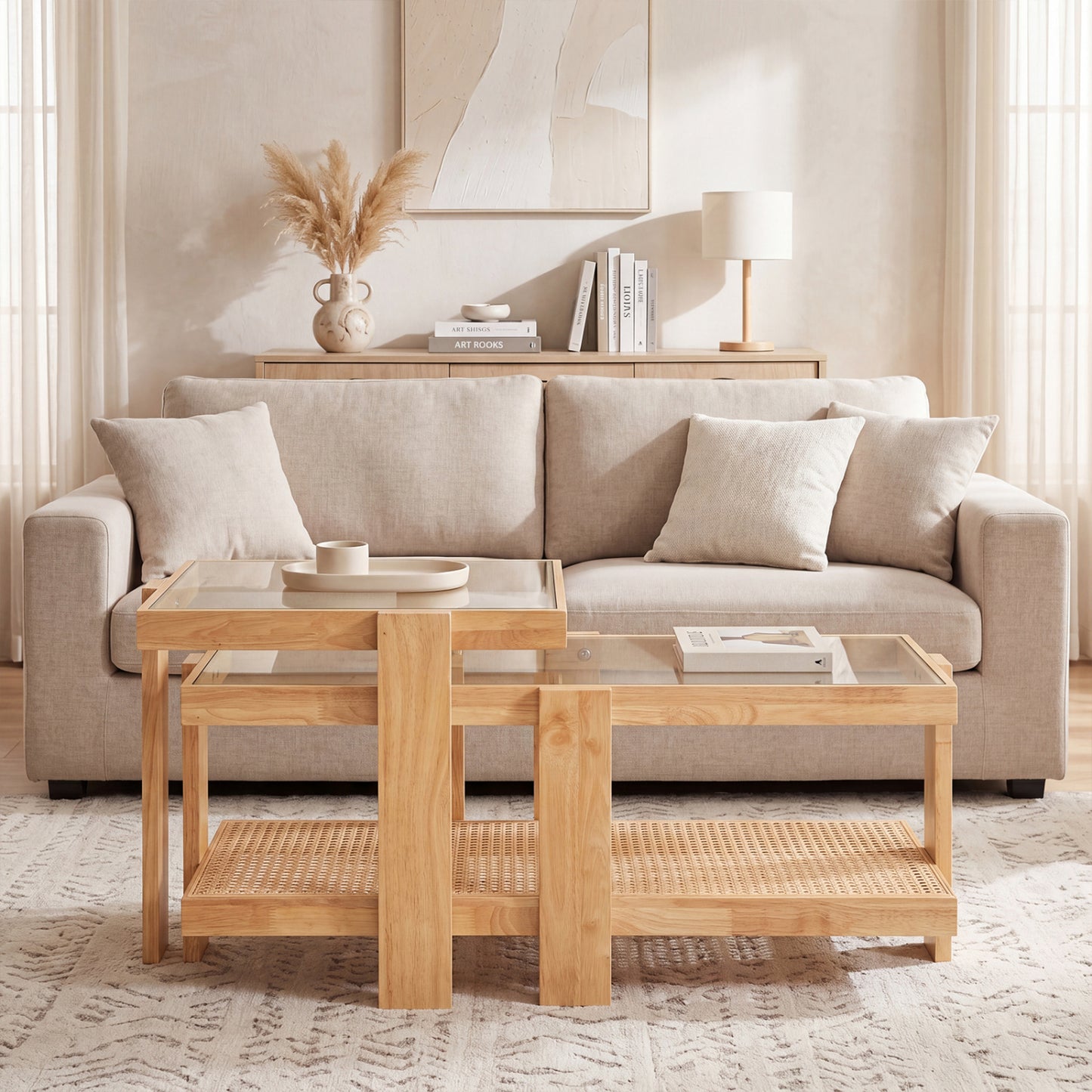 Set of 2 Nesting Coffee Table with Boho Rattan Accent Table, Natural Coffee Tables at Gallery Canada