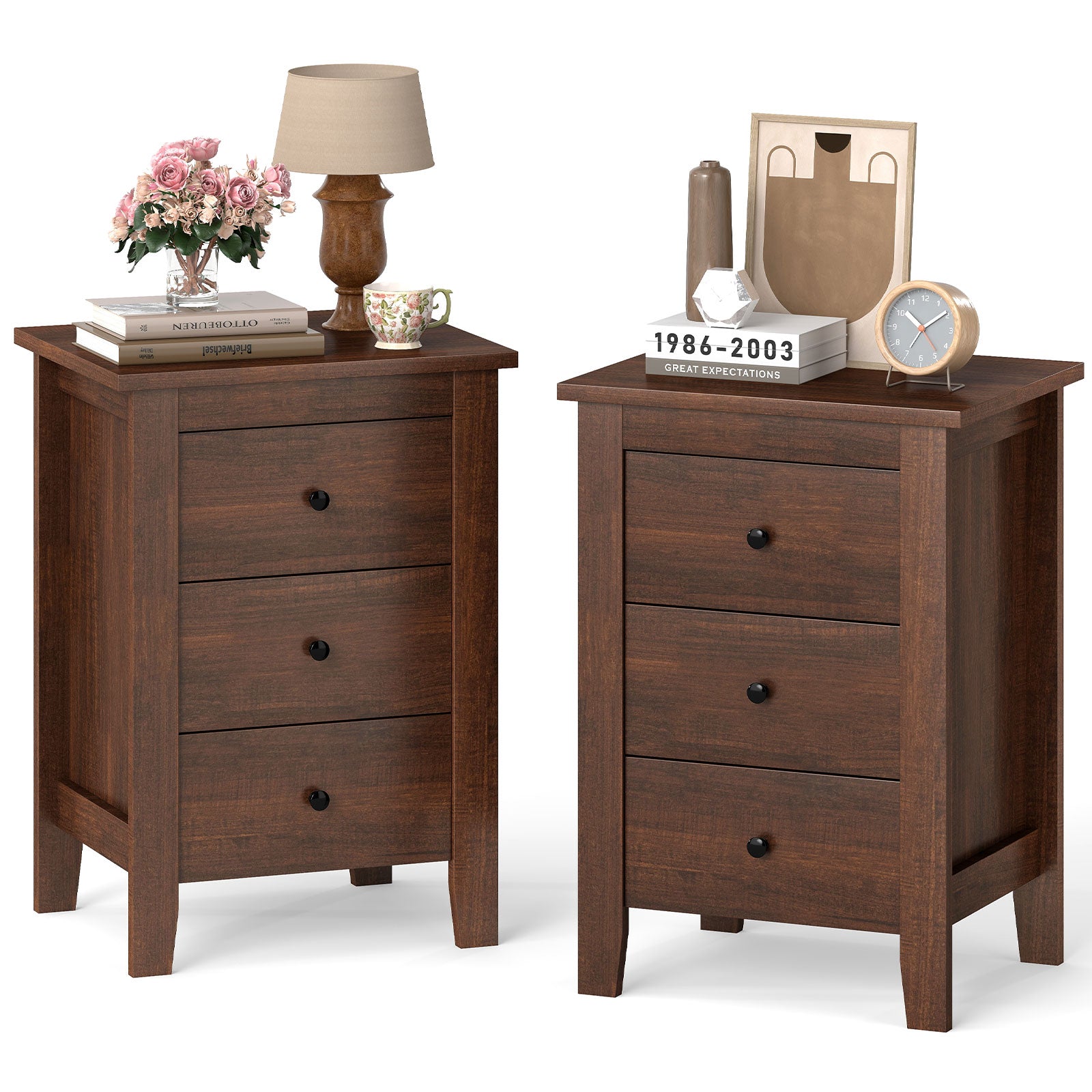 Set of 2 Nightstand End Beside Table Drawers, Walnut Bedroom at Gallery Canada