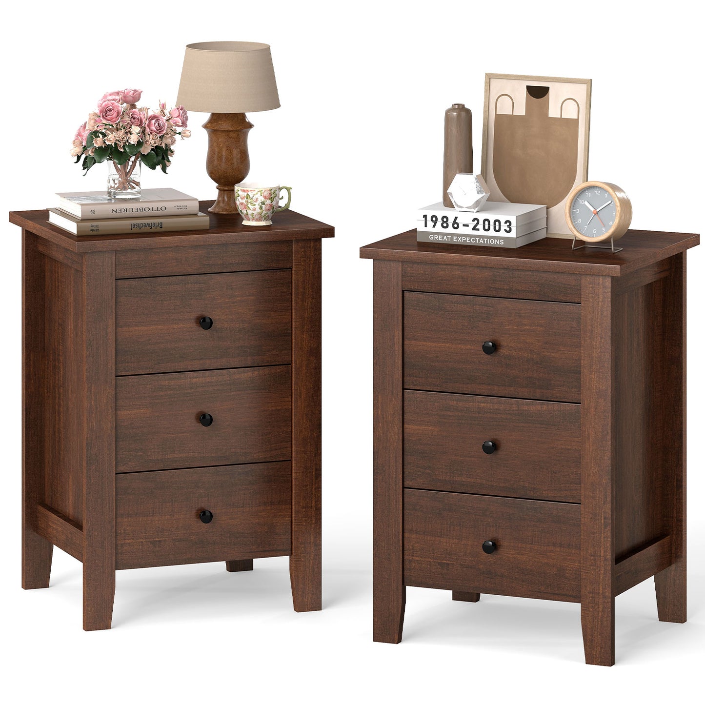 Set of 2 Nightstand End Beside Table Drawers, Walnut Bedroom at Gallery Canada