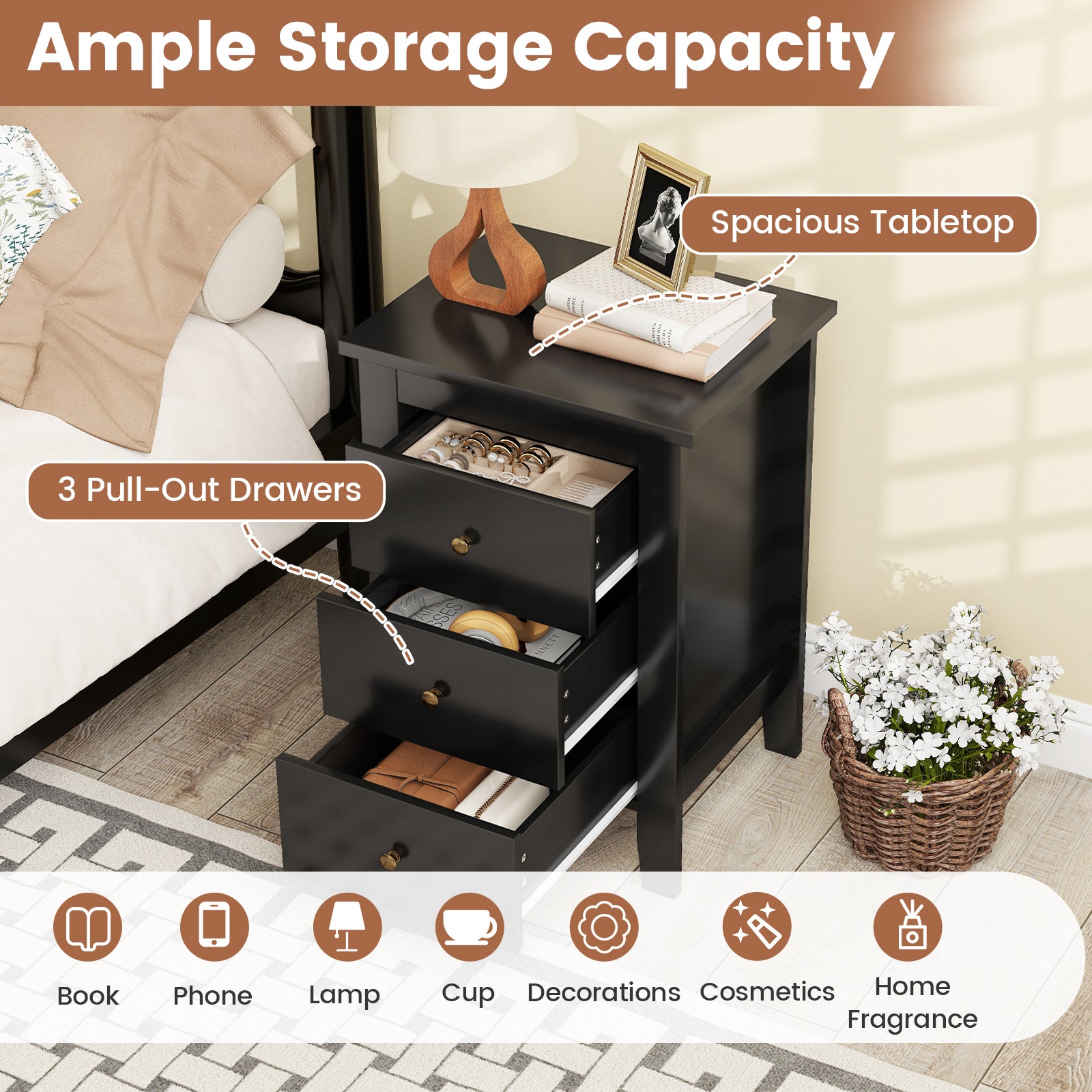 Set of 2 Nightstand End Beside Table Drawers, Black Nightstands at Gallery Canada