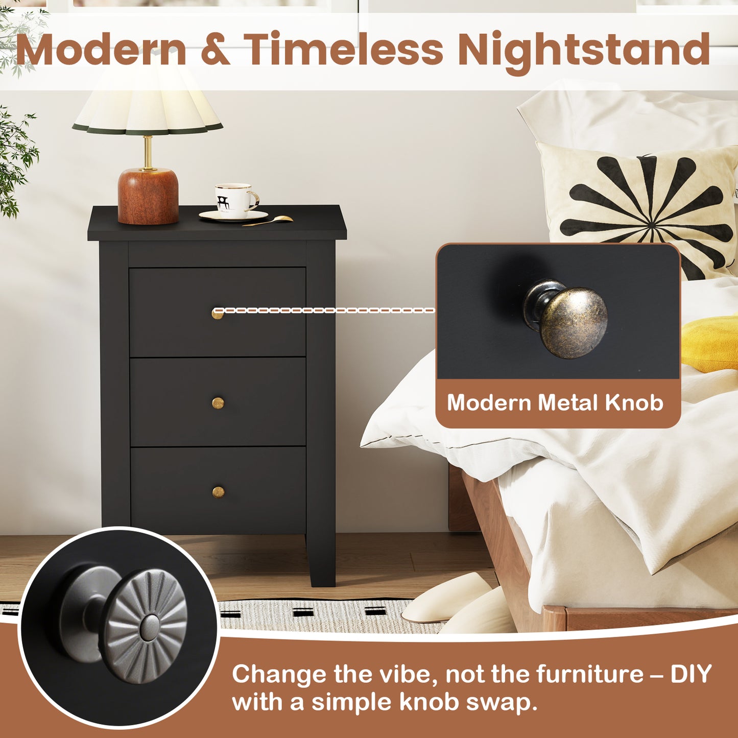 Set of 2 Nightstand End Beside Table Drawers, Black Nightstands at Gallery Canada