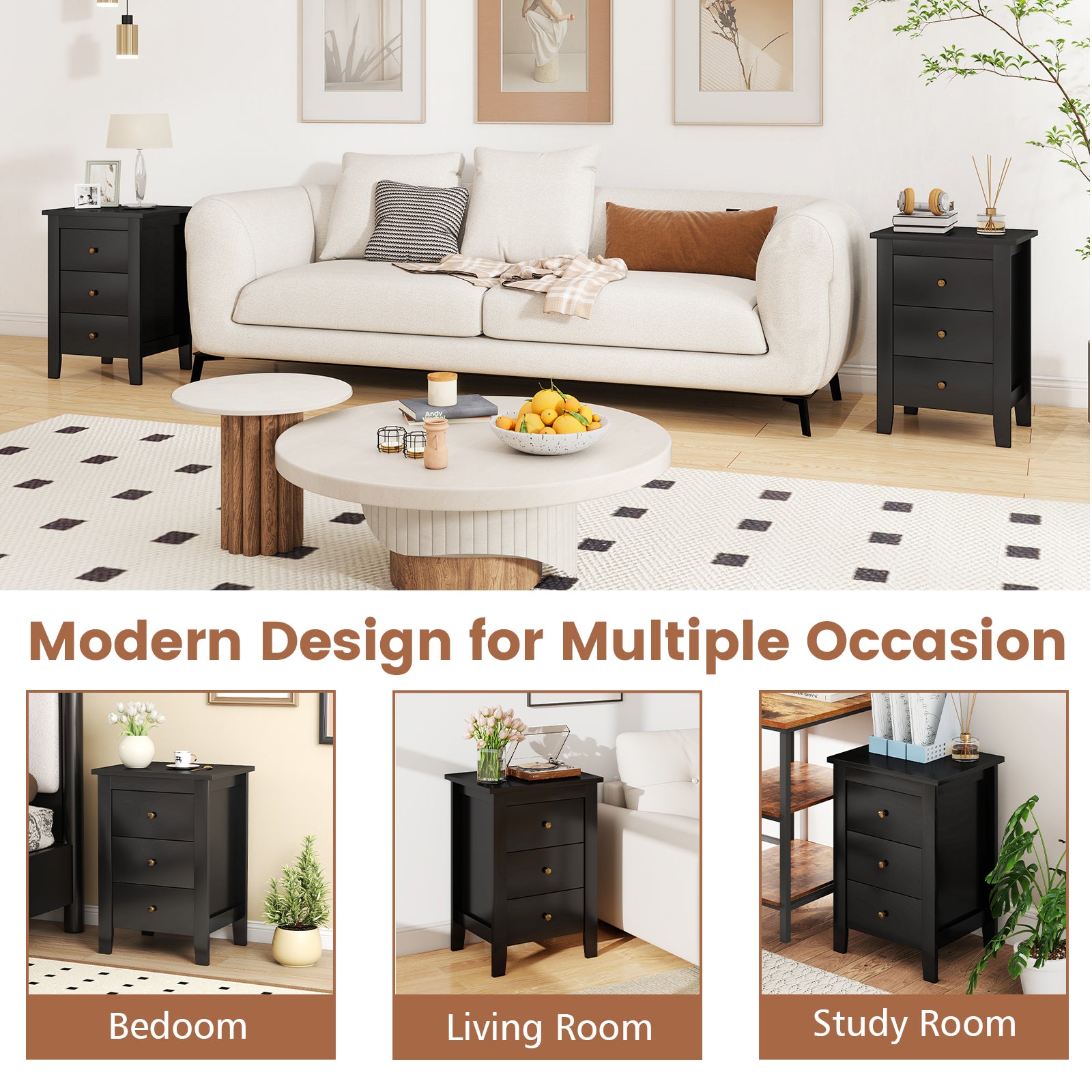 Set of 2 Nightstand End Beside Table Drawers, Black Nightstands at Gallery Canada