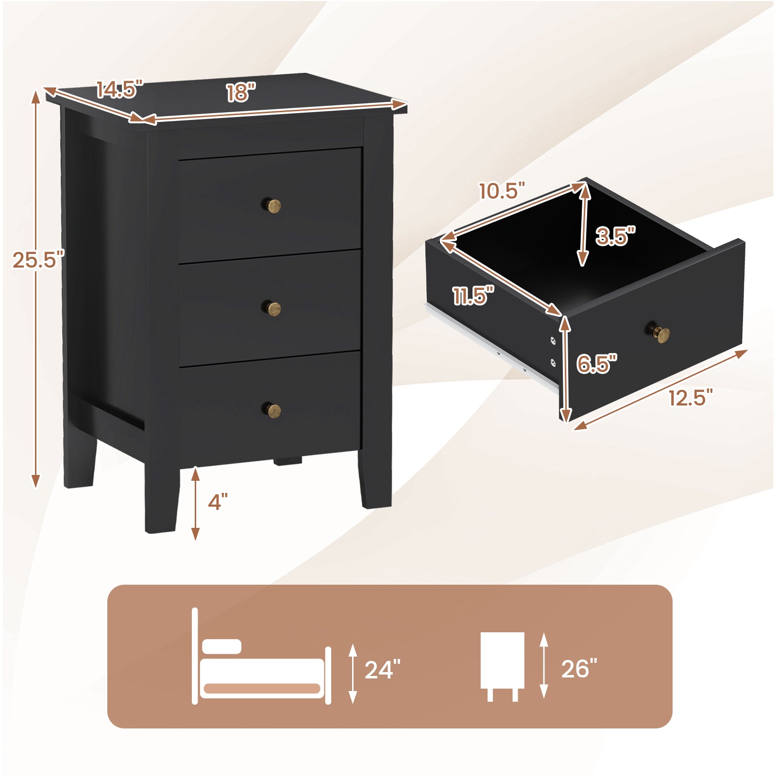 Set of 2 Nightstand End Beside Table Drawers, Black Nightstands at Gallery Canada
