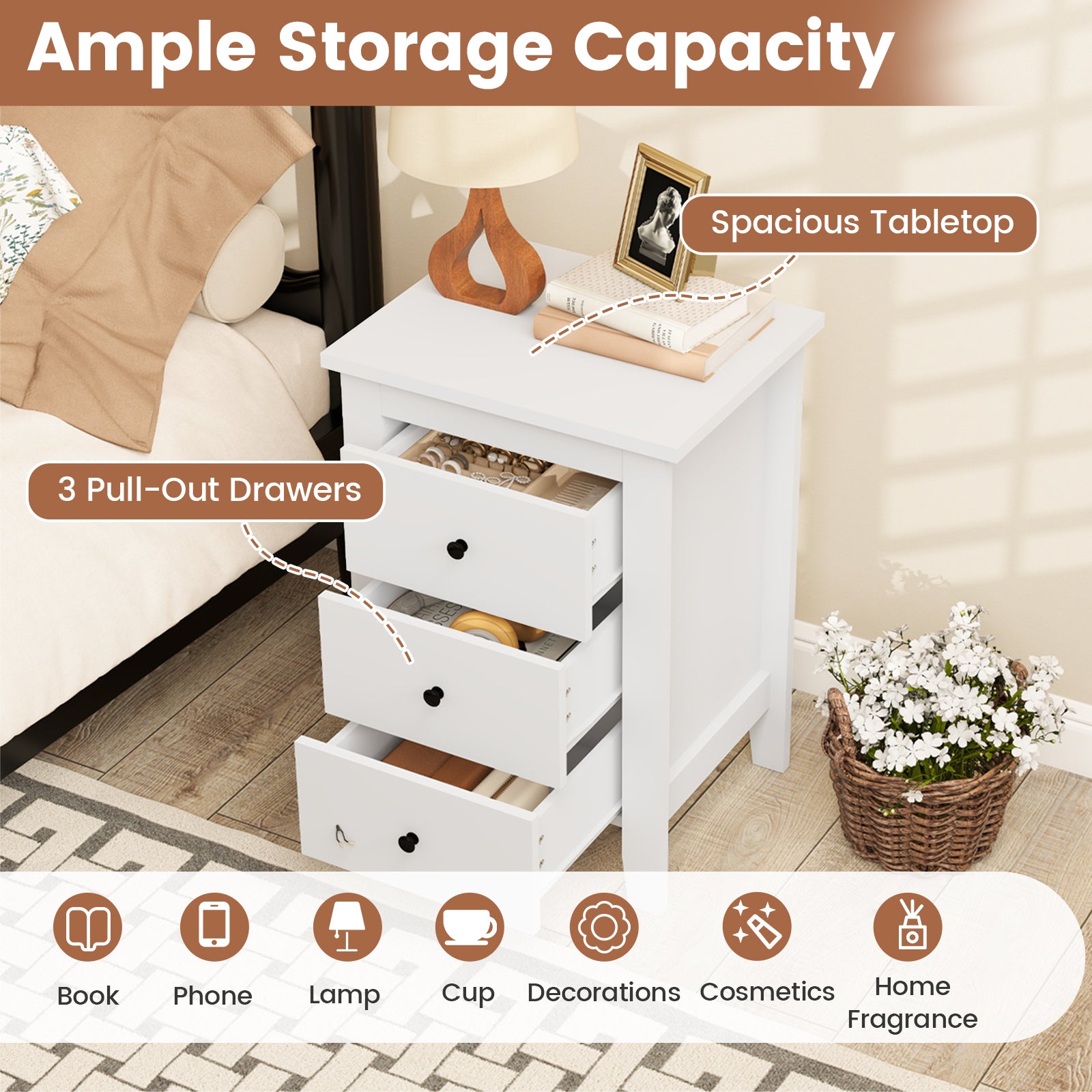 Set of 2 Nightstand End Beside Table Drawers, White Nightstands at Gallery Canada