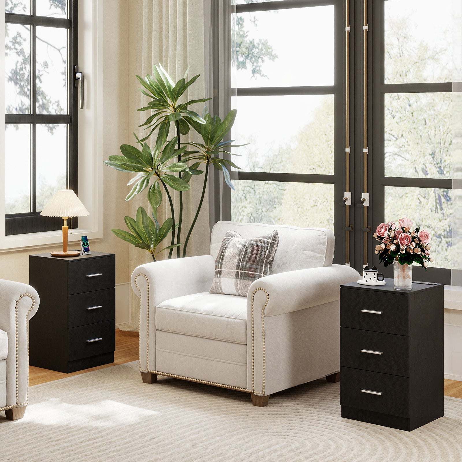 Set of 2 Nightstand with Charging Station End Table with 3 Storage Drawers Bedside Table for Bedroom, Black Nightstands at Gallery Canada