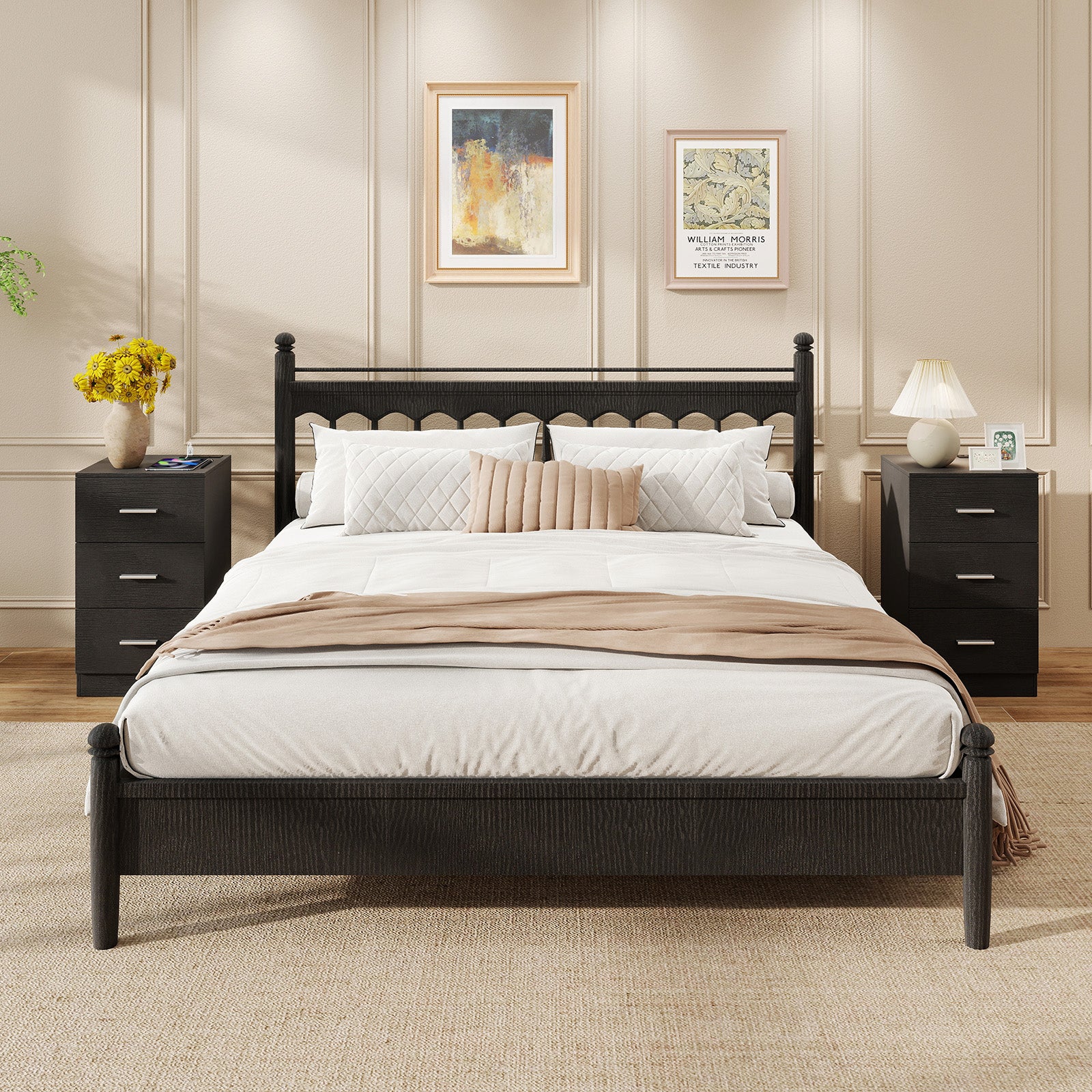 Set of 2 Nightstand with Charging Station End Table with 3 Storage Drawers Bedside Table for Bedroom, Black Nightstands at Gallery Canada