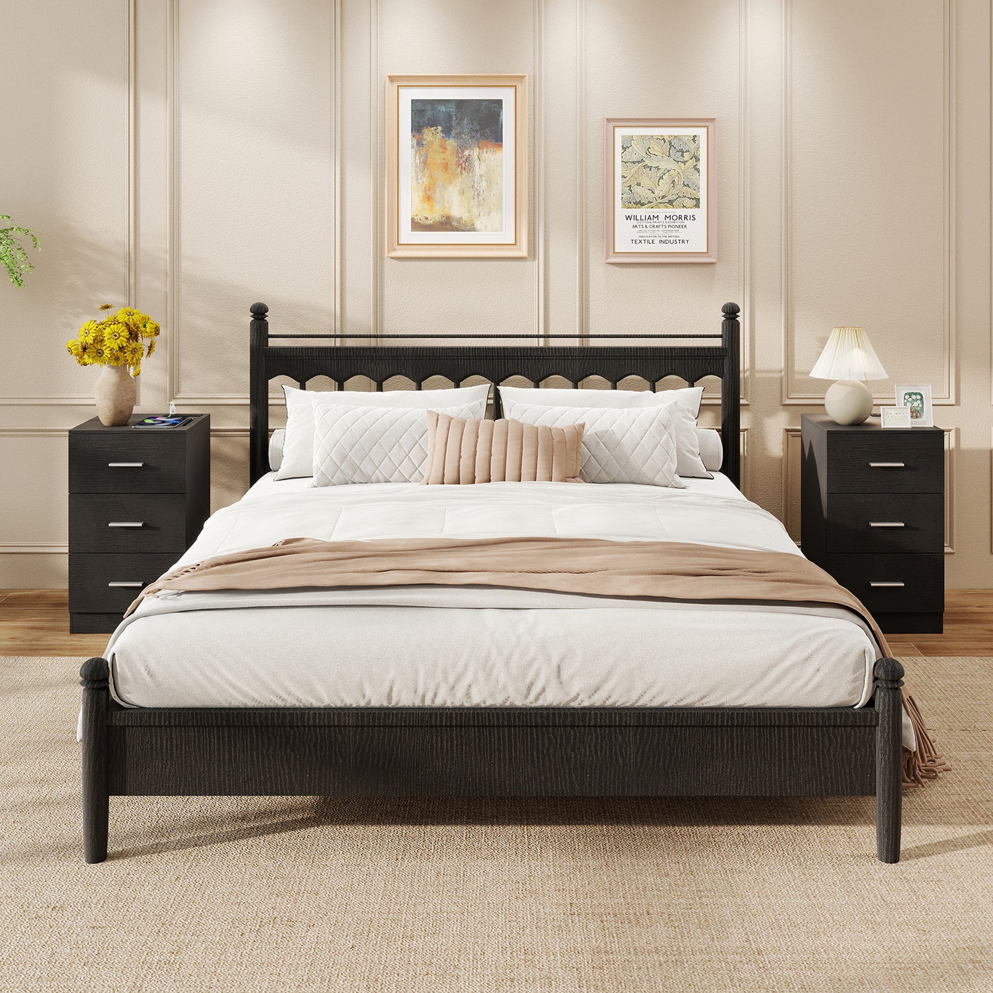 Set of 2 Nightstand with Charging Station End Table with 3 Storage Drawers Bedside Table for Bedroom, Black Nightstands at Gallery Canada