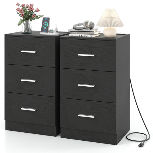 Set of 2 Nightstand with Charging Station End Table with 3 Storage Drawers Bedside Table for Bedroom, Black Nightstands Black at Gallery Canada