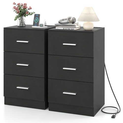 Set of 2 Nightstand with Charging Station End Table with 3 Storage Drawers Bedside Table for Bedroom, Black