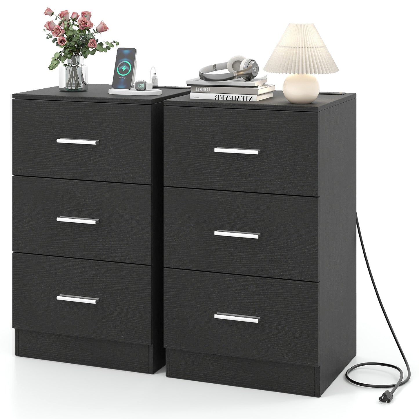 Set of 2 Nightstand with Charging Station End Table with 3 Storage Drawers Bedside Table for Bedroom, Black Nightstands at Gallery Canada