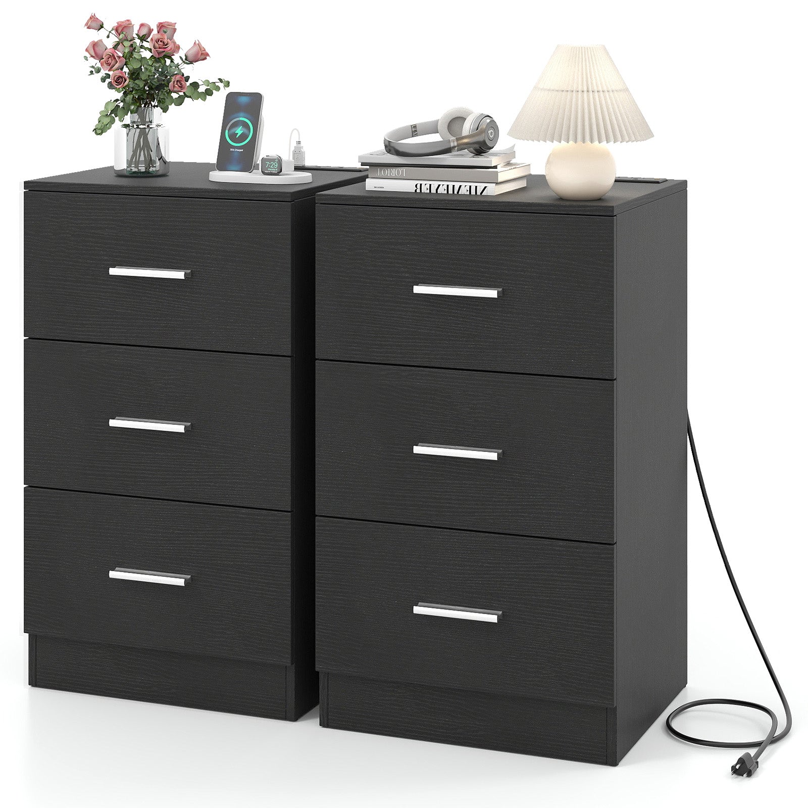 Set of 2 Nightstand with Charging Station End Table with 3 Storage Drawers Bedside Table for Bedroom, Black Nightstands at Gallery Canada