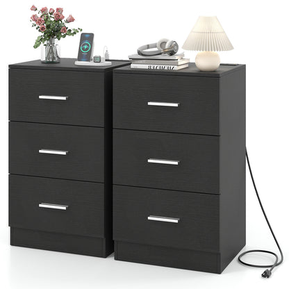Set of 2 Nightstand with Charging Station End Table with 3 Storage Drawers Bedside Table for Bedroom, Black Nightstands at Gallery Canada