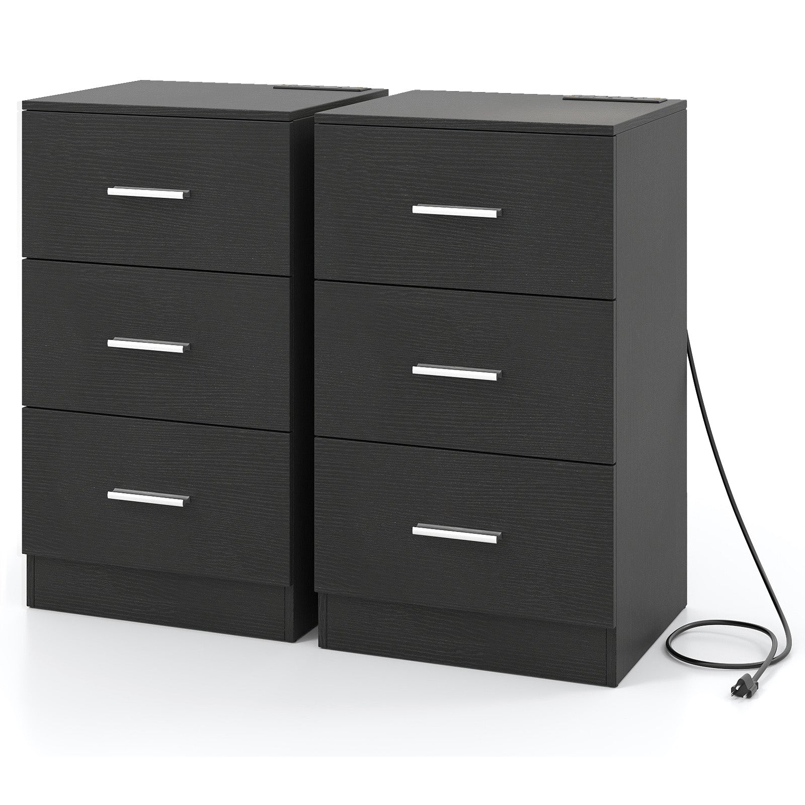 Set of 2 Nightstand with Charging Station End Table with 3 Storage Drawers Bedside Table for Bedroom, Black Nightstands at Gallery Canada
