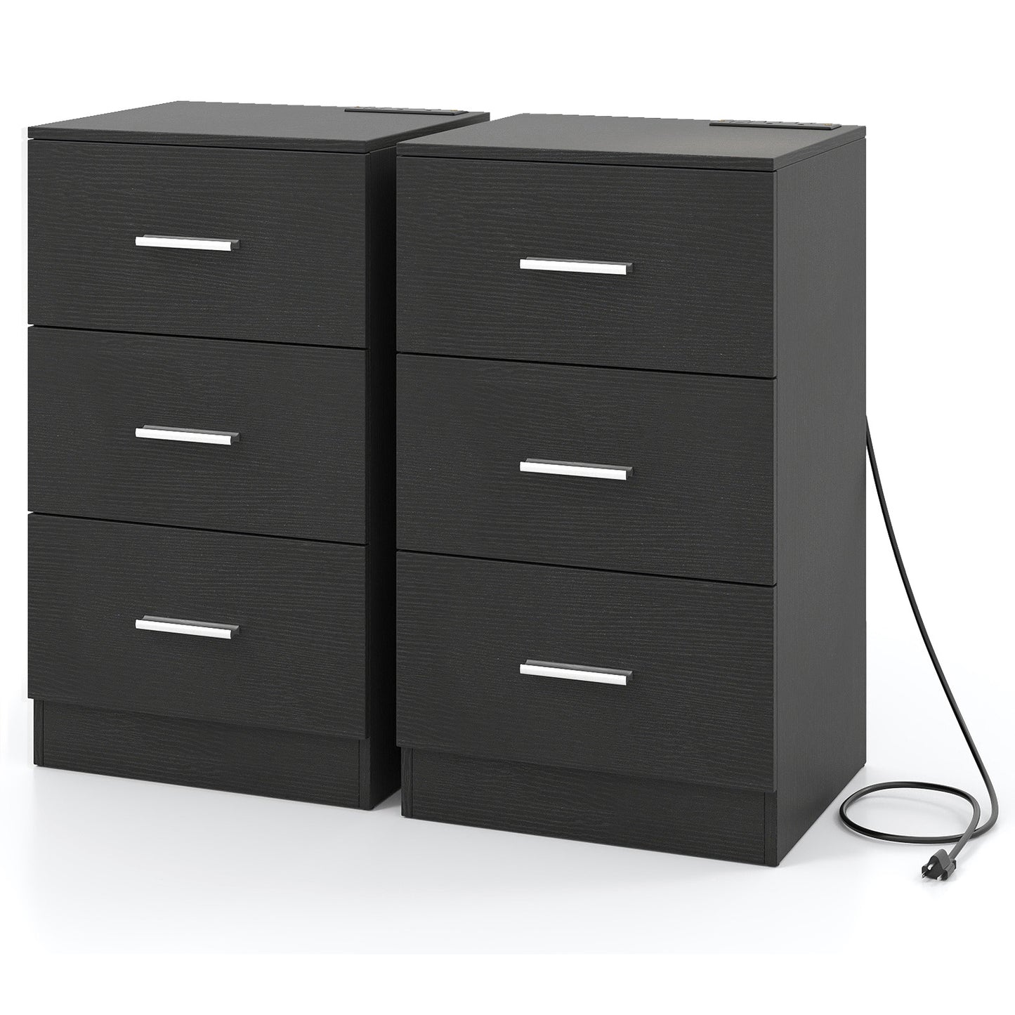 Set of 2 Nightstand with Charging Station End Table with 3 Storage Drawers Bedside Table for Bedroom, Black Nightstands at Gallery Canada