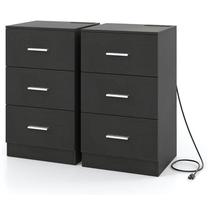 Set of 2 Nightstand with Charging Station End Table with 3 Storage Drawers Bedside Table for Bedroom, Black Nightstands at Gallery Canada