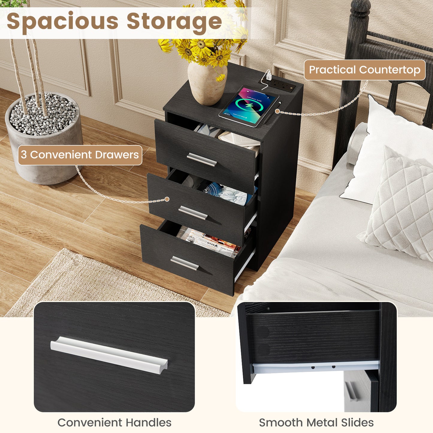 Set of 2 Nightstand with Charging Station End Table with 3 Storage Drawers Bedside Table for Bedroom, Black Nightstands at Gallery Canada