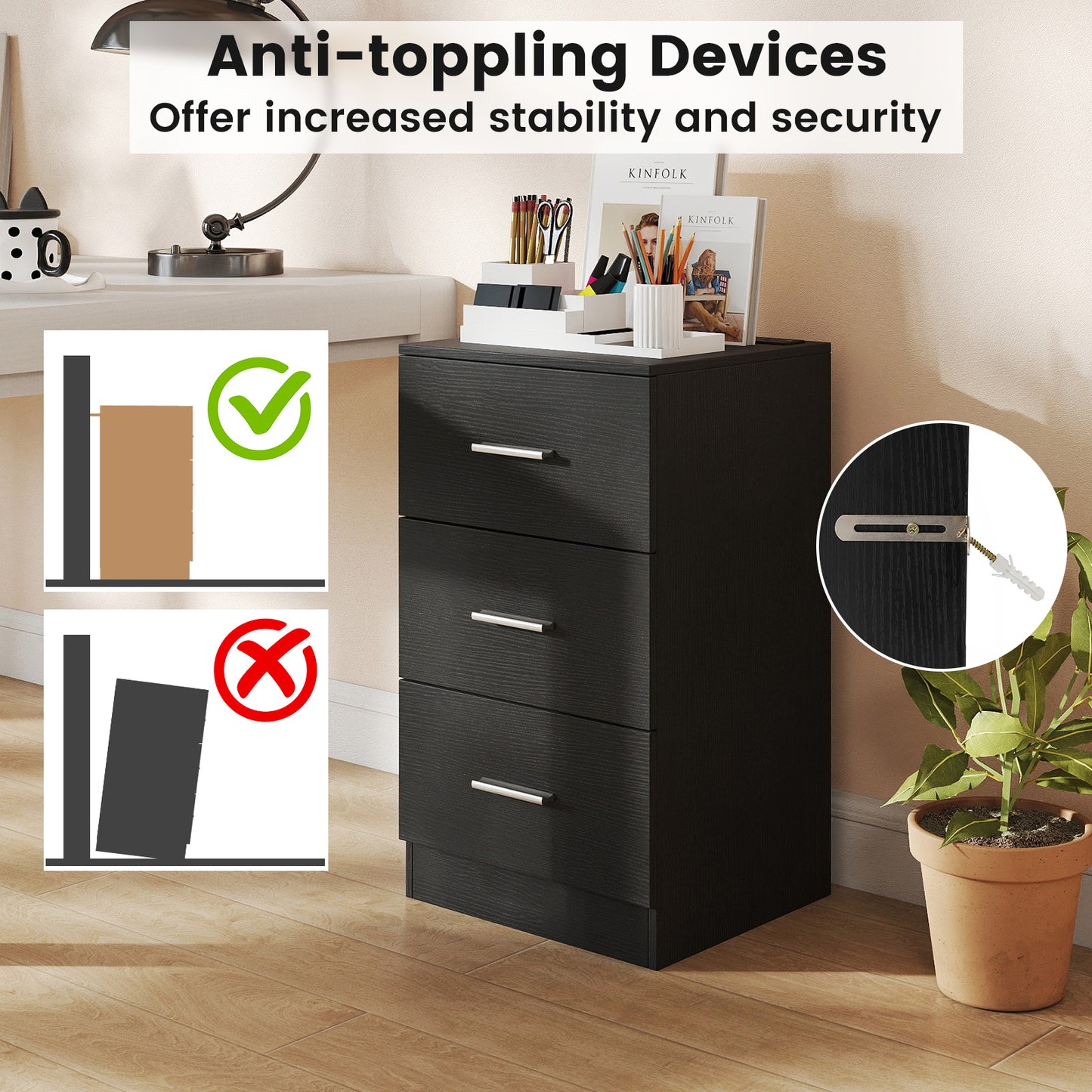 Set of 2 Nightstand with Charging Station End Table with 3 Storage Drawers Bedside Table for Bedroom, Black Nightstands at Gallery Canada
